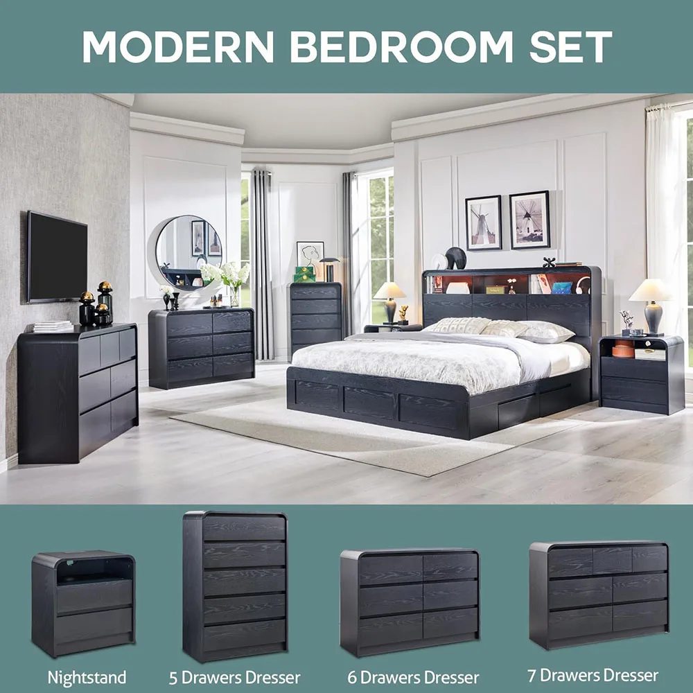product mid century modern 6 drawer dresser curved profile 47 wide wood chests drawers for bedroom living room natural texture black446-5