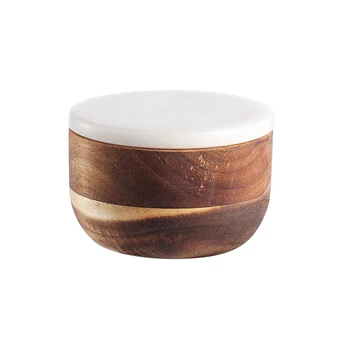 Hot Selling Round Acacia Wood Pepper Box With White Marble Lid Big