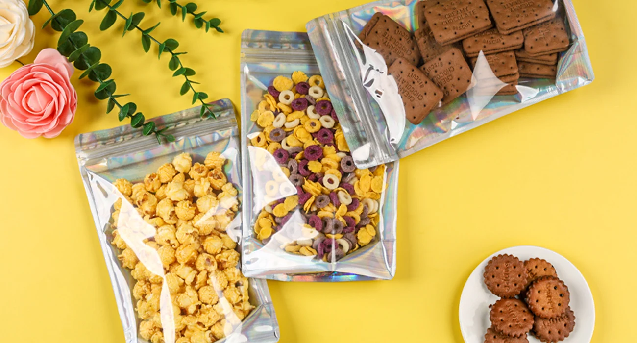 Clear Front Foil Back Iridescent Food Zip Lock Bags Resealable Holographic Stand Up Pouches Smell Proof Mylar Bags 4