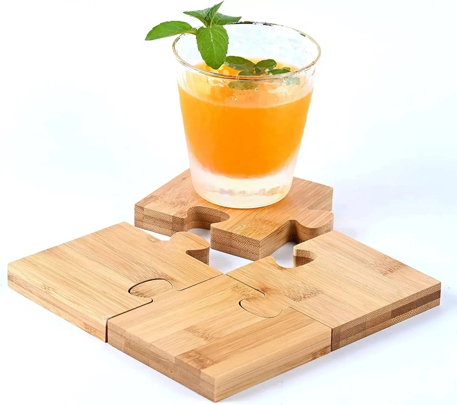 Best-selling Kitchen Accessories Versatile New Design 4Pcs Bamboo Puzzle Drink Coaster Wooden Cup Mat