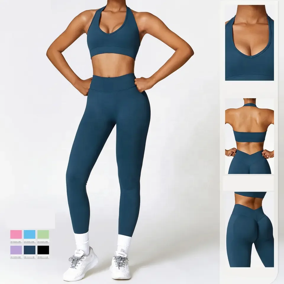 Fitness Workout Activewear Gym Seamless Gym Fitness Sets halter sports bra Nylon 2 Piece Yoga athletic wear Set For Women