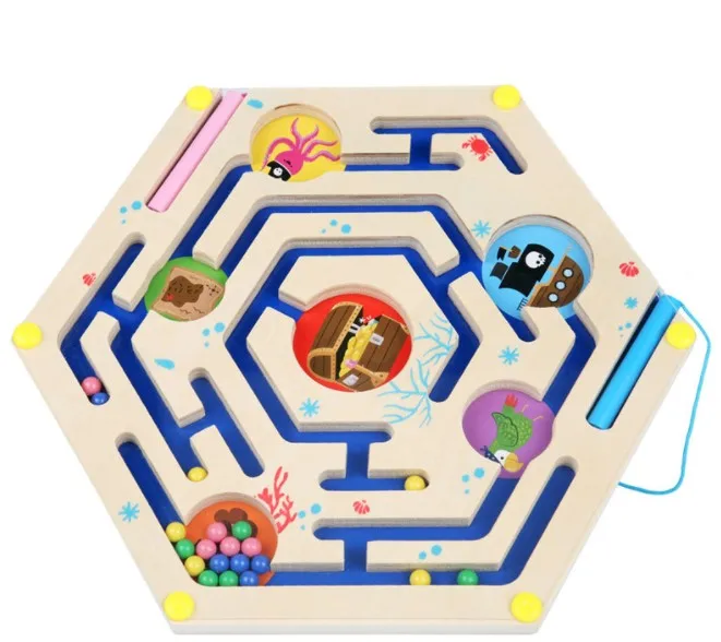 Kids Maze Wooden Puzzle Activity Magnet Toys Beads Board Game Play Set 