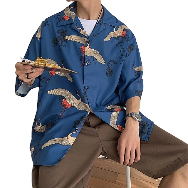 Mens Crane Print Shirts 2022 Summer 