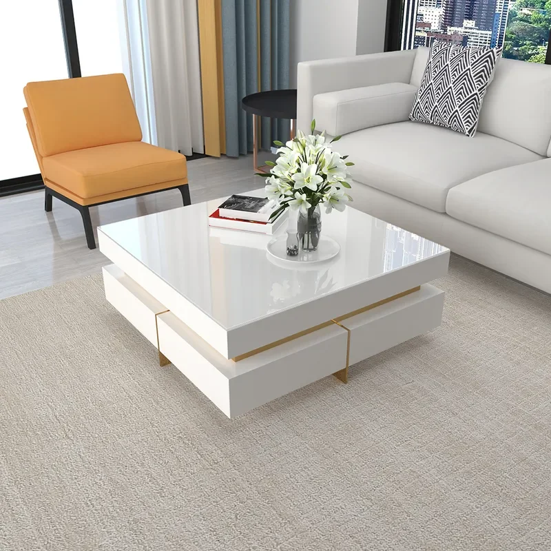 White modern square coffee table with drawers tempered glass top and metal legs with storage space