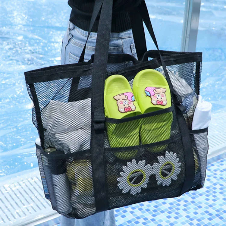 Multiple Lightweight Pockets High Quality Foldable Black Mesh Beach Bag Summer Swimming Beach Tote Bag for Vacation manufacture