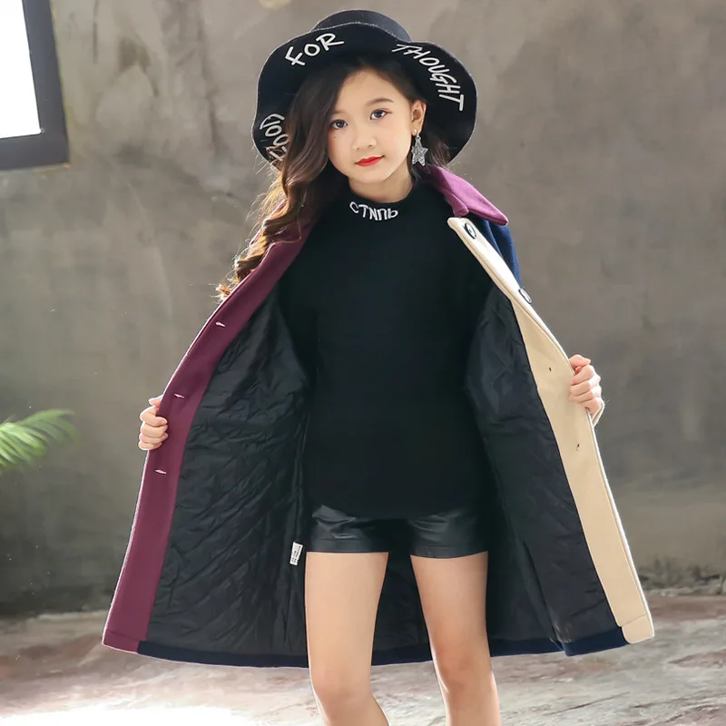 New fashion girls woolen coat baby color matching kids outwear children casual clothes lapel fur velvet jacket for girls