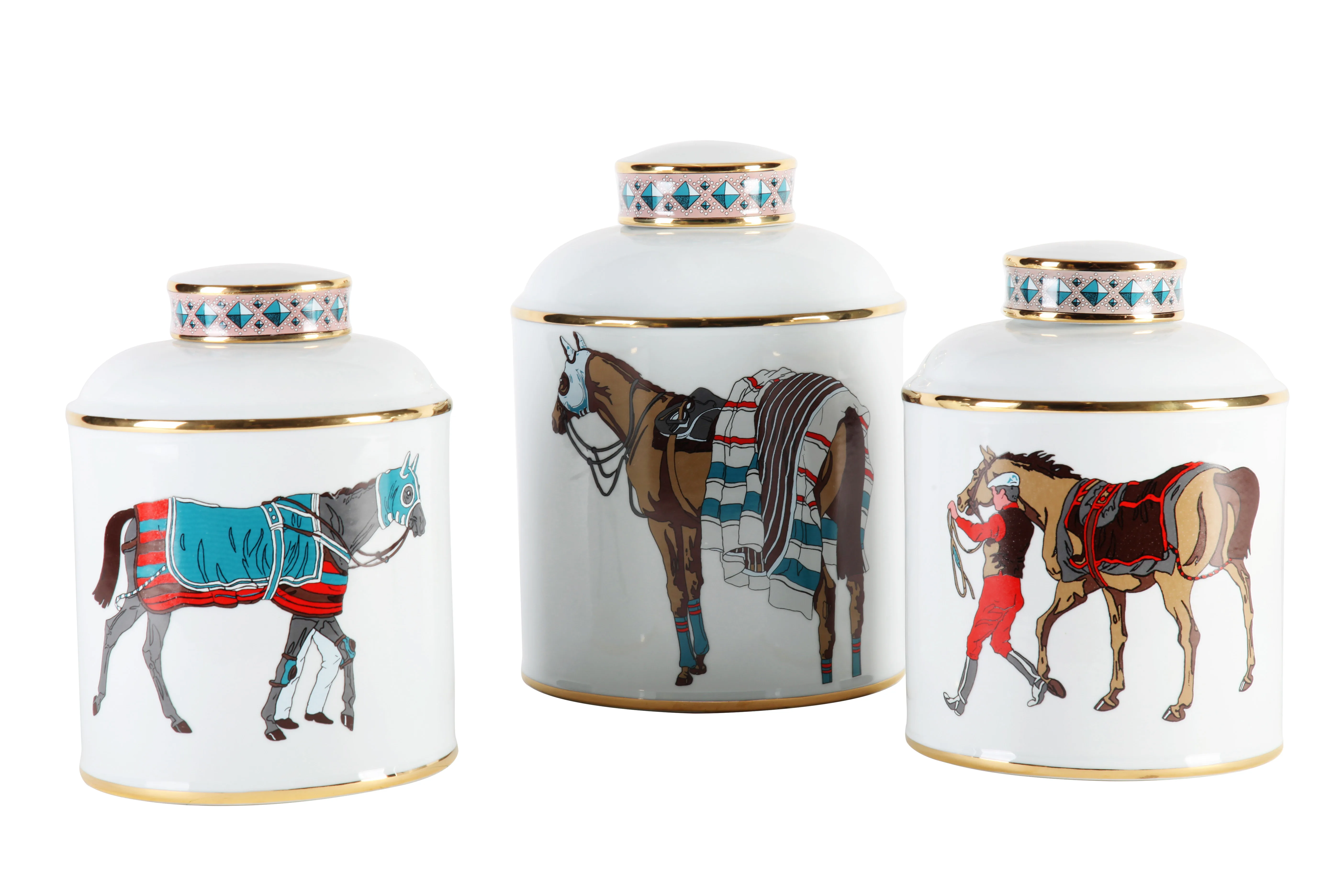 Wholesale Modern White Gold Luxury  Horse Pattern Ceramic Vase Ginger Jar Home Decor