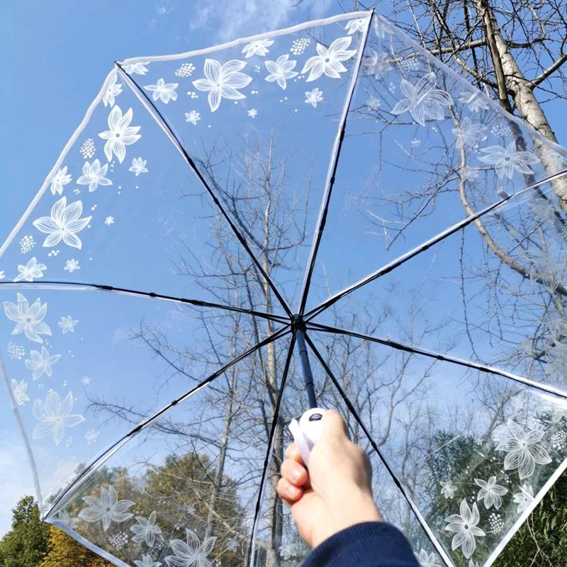 GG411 Creative Student Transparent Paraguas Full-automatic Umbrella Eco-Friendly Flower Pattern Print Clear Umbrella