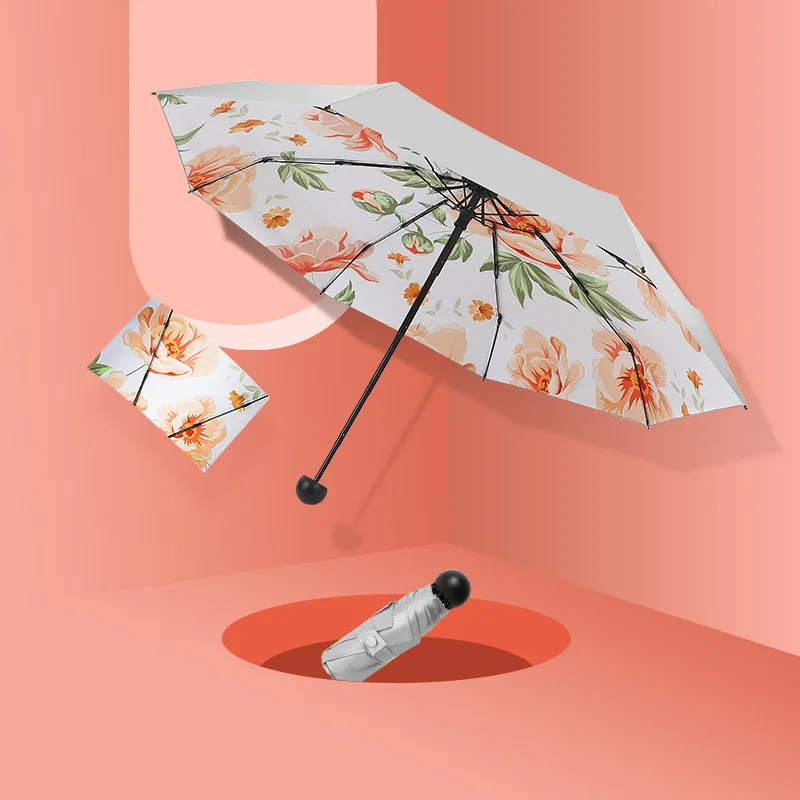 DD1220  Silver Coated Compact Umbrella Printing Inside Flower 5-Folding Parasol UV Ultraviolet-proof Mini Sun Pocket Umbrella