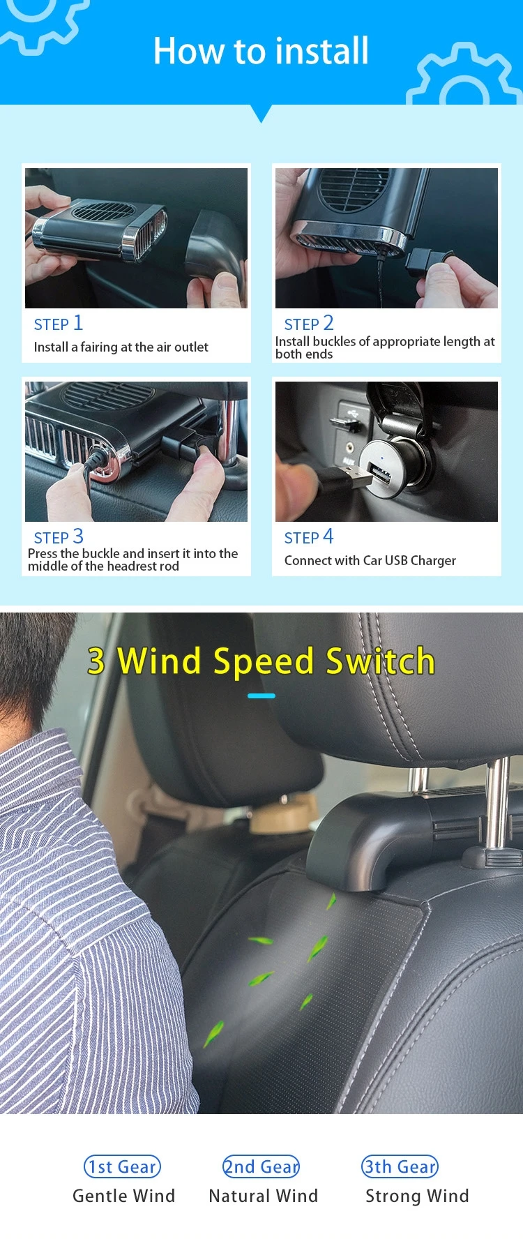 Usb Car Seat Fan, 5V, Plastic - detail 10