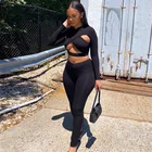 Clothing QJX Fall Sexy Hollow Cross Long Sleeve High Waist Knit Casual 2 Piece Set Woman Clothing