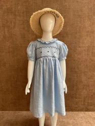 Latest new fashion smocking  design 2023 summer floral casual  dress blue long smocking stitch baby girl dresses