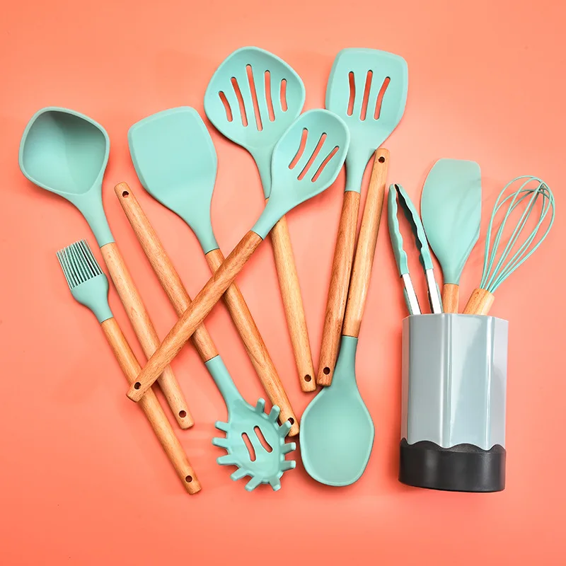 Sell well Complete Kitchen Utensil Set 11 Piece Non-Stick Cooking Silicone Kitchenware Kit kitchen utensils Wooden Handle