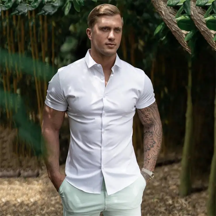 Muscular Men Stretch Shirt Stand Collar Short Sleeve Breathable Sports Cardigan Fitness Clothes