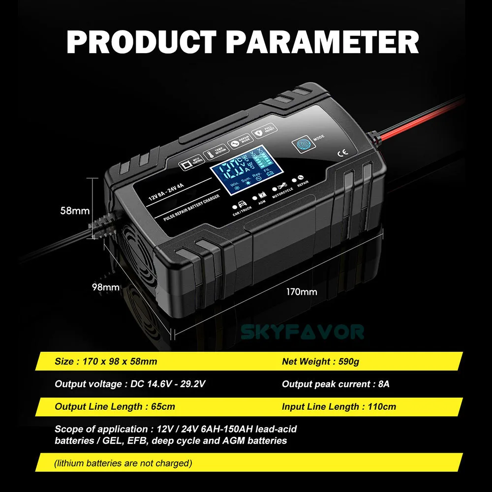 Universal truck car battery charger 12V 24V 8A automatic Maintenance-free gel agm dry wet deepcycle pulse repair battery charger