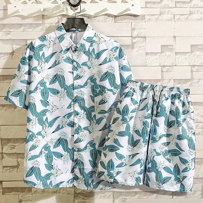Men's Summer Silk Suit Short Sleeve Casual Button Down Shirt Swim Trunks 2 Piece Set Fit Outfits Beach Shirts