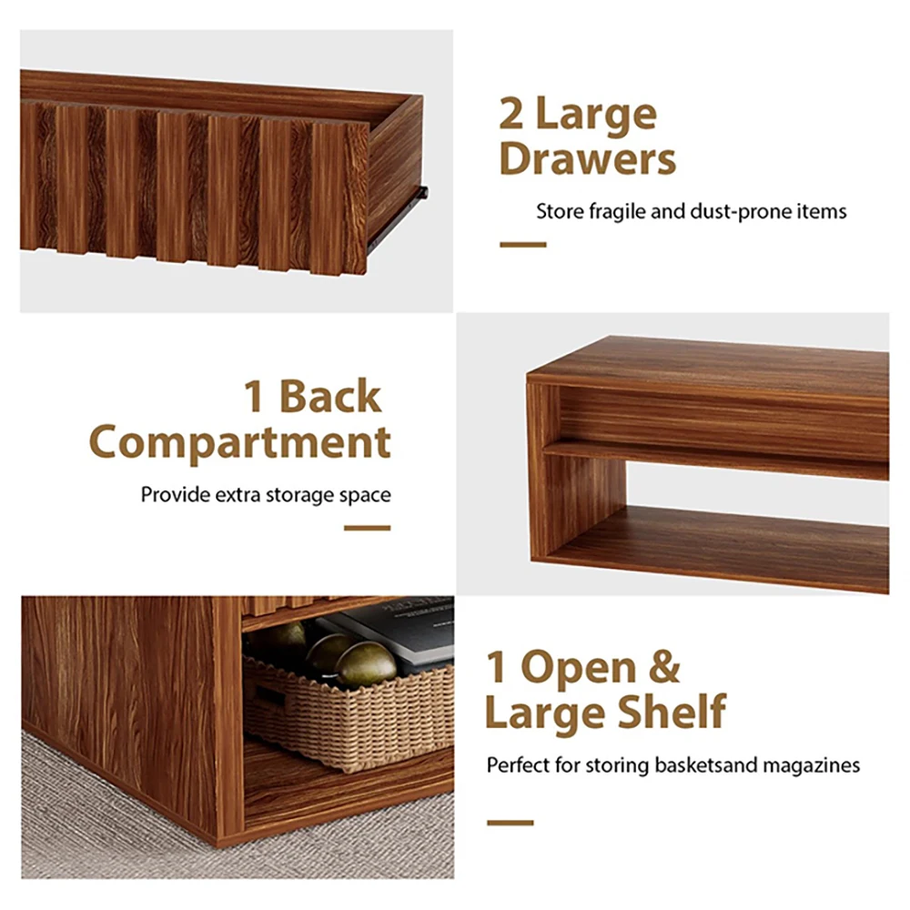 Modern Brown Rectangular Wood Coffee Table with Fluted Style Drawers and Storage Shelves for Living Room Furniture supplier