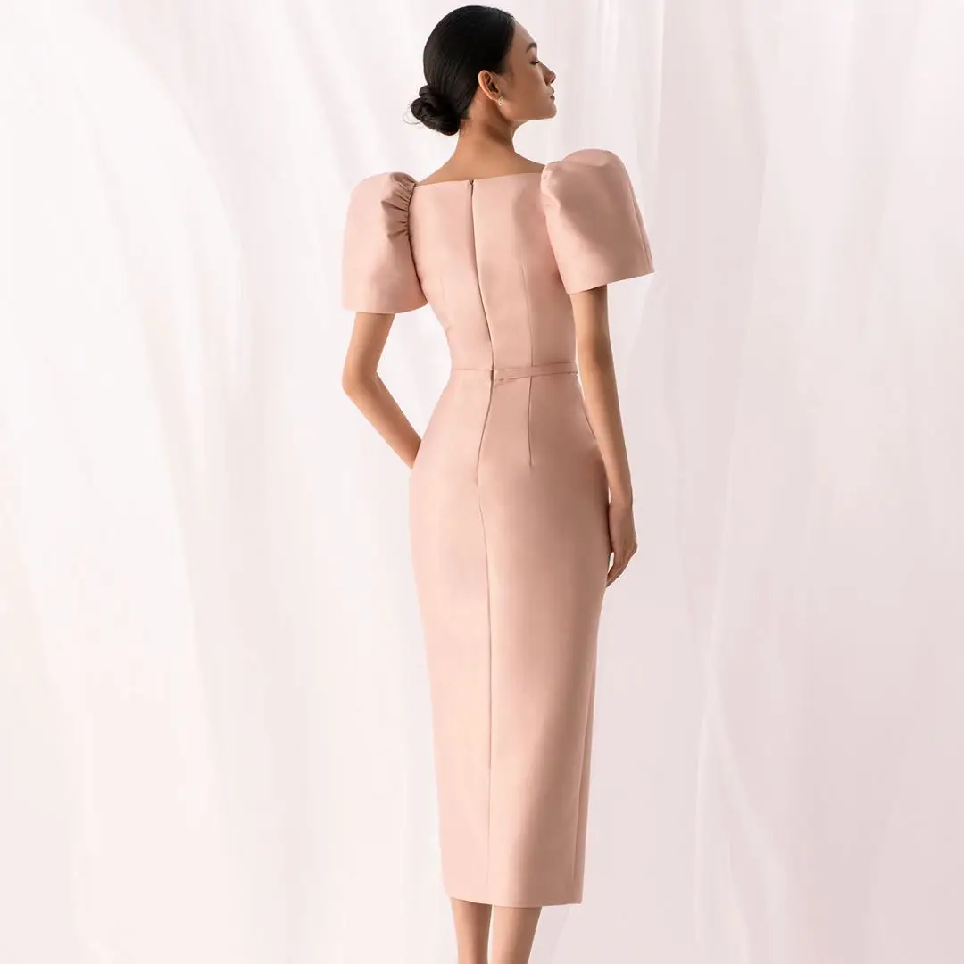 2023 Fashion Vestido Branco Pink Green Elegant Long Satin Stylish Women French Midi Party Puff Dresses