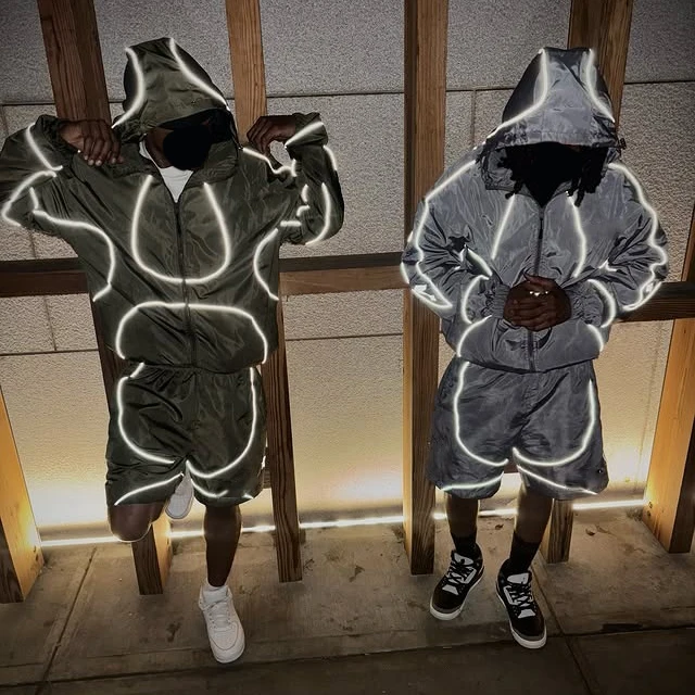 Custom Men's Sportswear Waterproof Reflective Zip up Polyester Nylon Windbreaker Track Jacket and Shorts Set Tracksuit factory