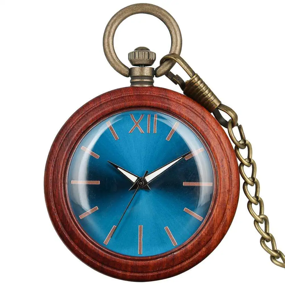 Wholesale Wooden Antique Luxury Brand Pocket Watches With Chain Roman Numeral Round Quartz Movement Custom Watch