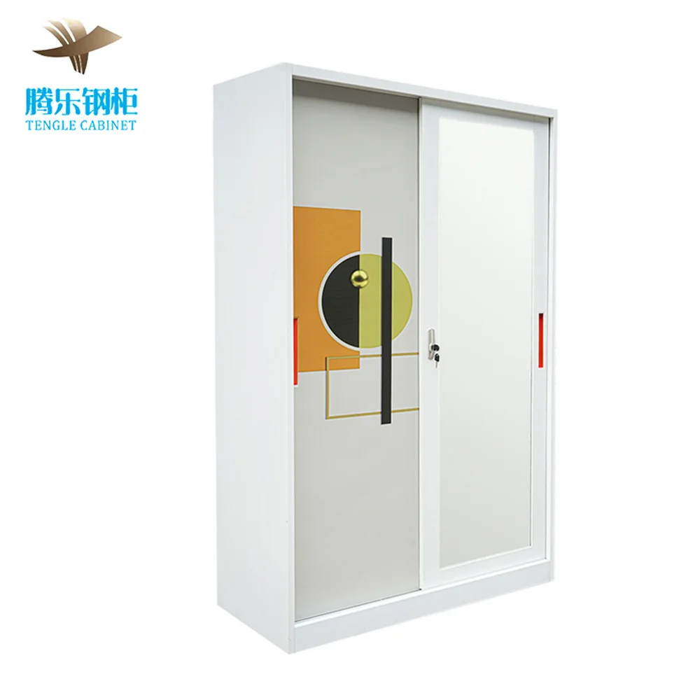 Bedroom Wardrobe 2 Sliding Doors Metal Wardrobe Printed Steel Iron Closet Wardrobe with mirror Steel Cabinet For Home