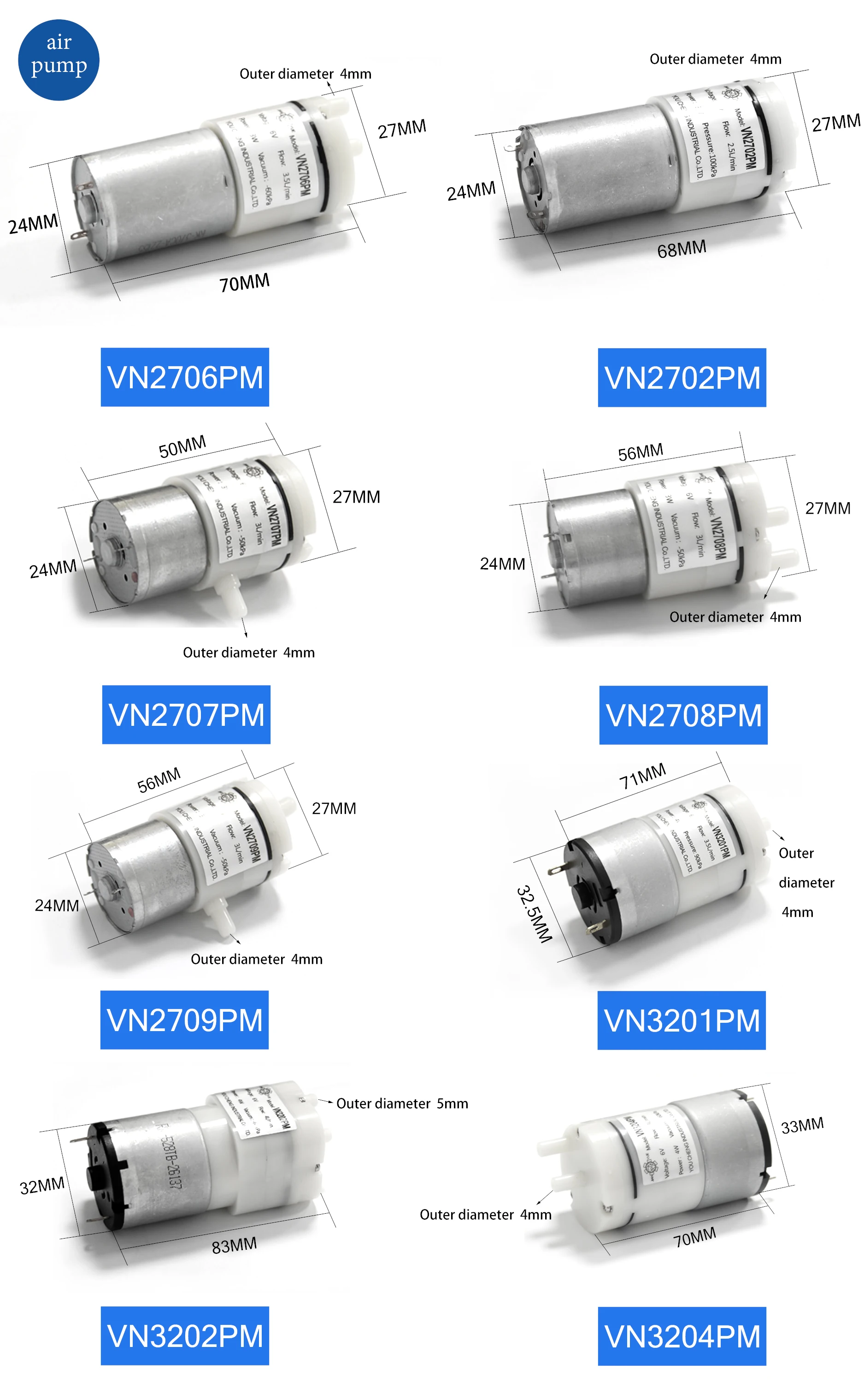 Vn2704pw dc 3.7v 6v 12v 24v 0.6-4l/min elétrica pequena mini bomba de vácuo de ar dc para fabricação de equipamentos de beleza