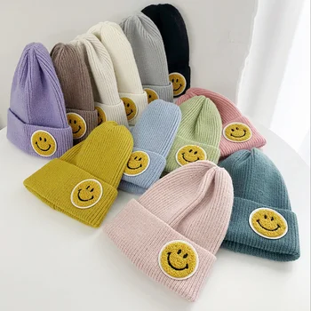 HF 2022 winter candy color smiley face label high quality warm knitted hats
