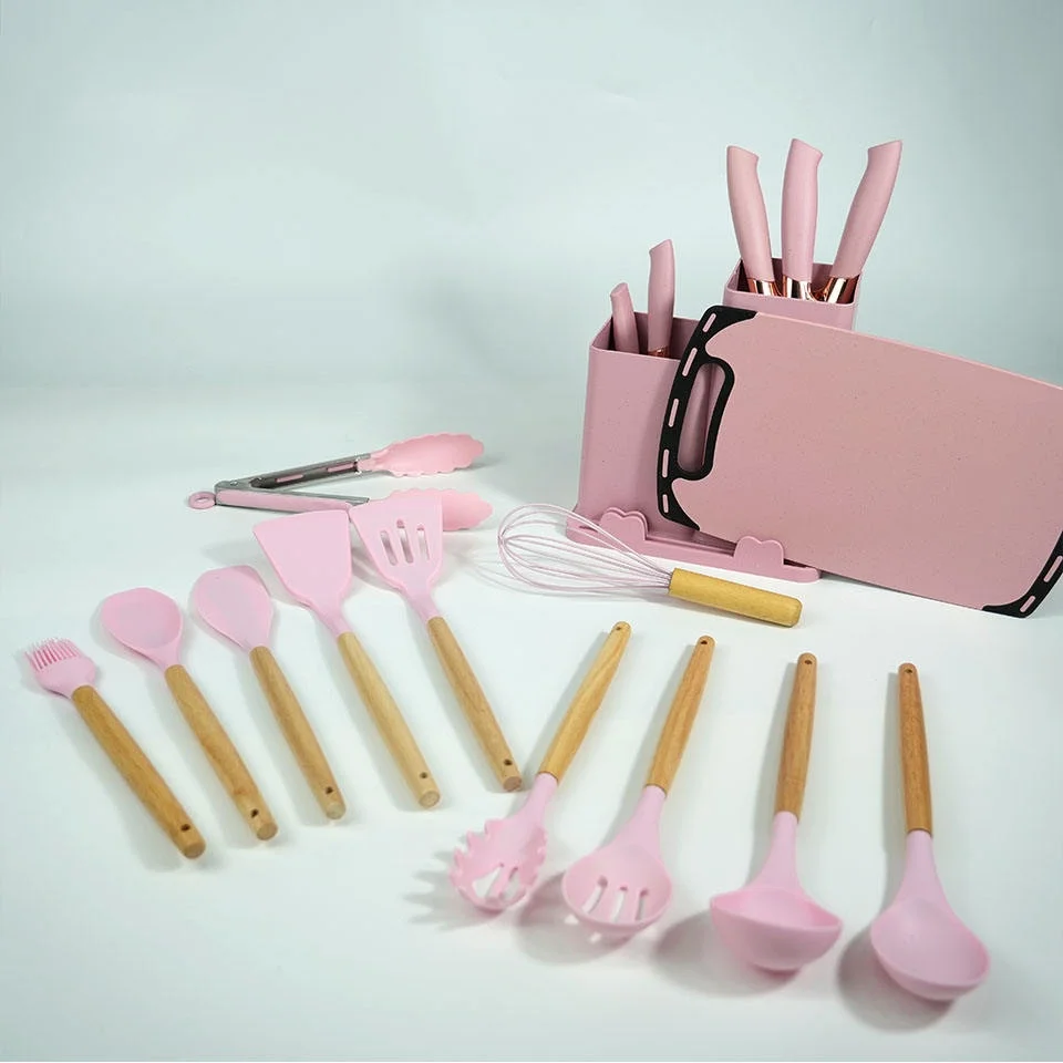 New Luxury 19-Pcs Cookware Silicone Kitchen Utensils Set with Wooden Handle 19-Pcs Steel Baking Appliance Set for Home Cooking