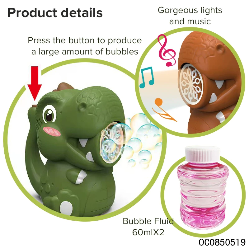 Battery operated bubble maker dinosaur bubble gun green baby with 60ml bubble solution