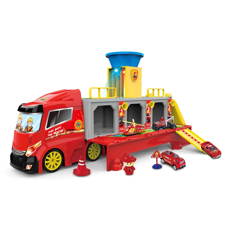 Lighted up kids electric plastic toys fire fighting rescue truck with alloy car toy