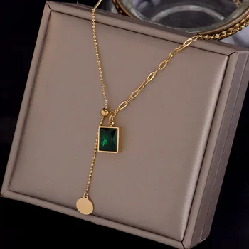 Fashion Women Jewelry 18k Gold Plated Stainless Steel Chain Necklace Adjustable Rectangle Emerald Diamond Pendant Necklace