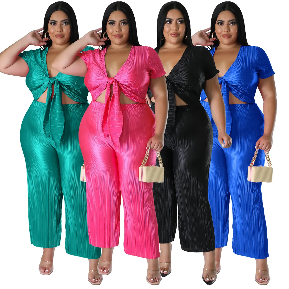 2023 new women clothing trending product Pleated wide leg pants set pants and blouse women