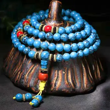 Muslim Handmade 108 Rosary Prayer Beads Mala Religion Natural Stone Green Blue Turquoise Necklace