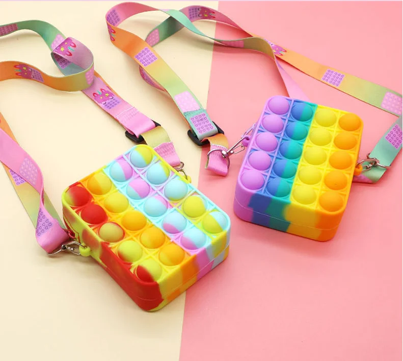 New Arrivals Push Bubble Popper Fidget Toy Bag Rainbow Silicone Stress Reliever Handbag Zipper Sensory Toy Fidget Bag
