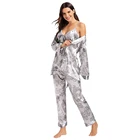 Satin Pajamas Custom Women Silky Satin Embroidery Terno Pajamas Adult Night PJs 3 Pcs Floral Silky Sleeping Suit