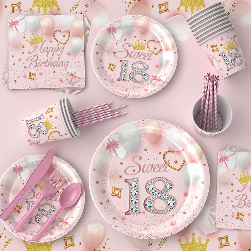 New 18th Girl's Birthday Disposable Tableware Paper Plate Table Cloth Set For Birthday Party Decoration Supplies