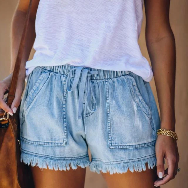 Women High Waist Lace Up Short Jeans 