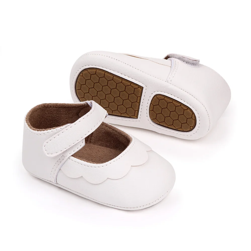 Solid Color PU Leather Top Wave Lace Baby Girls Non-slip Soft Soled Princess Toddler Shoes factory