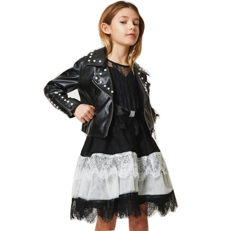 latest fashion children girls winter black leather jacket for winter