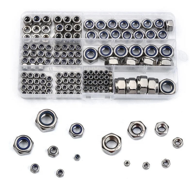 HAUSPROFI locknuts 170 pieces 304 stainless steel self-locking lock nut nylon hexagon nuts nuts assortment screw kits M2 M3 M4 M5 M6 M8 M10 M12 