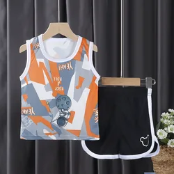 Summer baby vest suit boy cartoon stripe sleeveless two-piece kids clothing printing summer children clothes