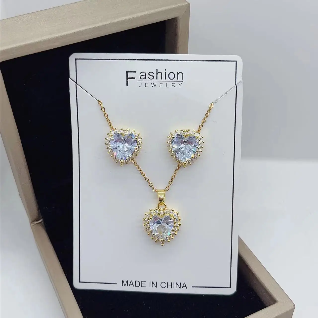 Fashion Jewelry Set Minimalist Women 18K Gold Stainless Steel Chain Zircon Heart Pendant Necklace And Earrings Set For Gift