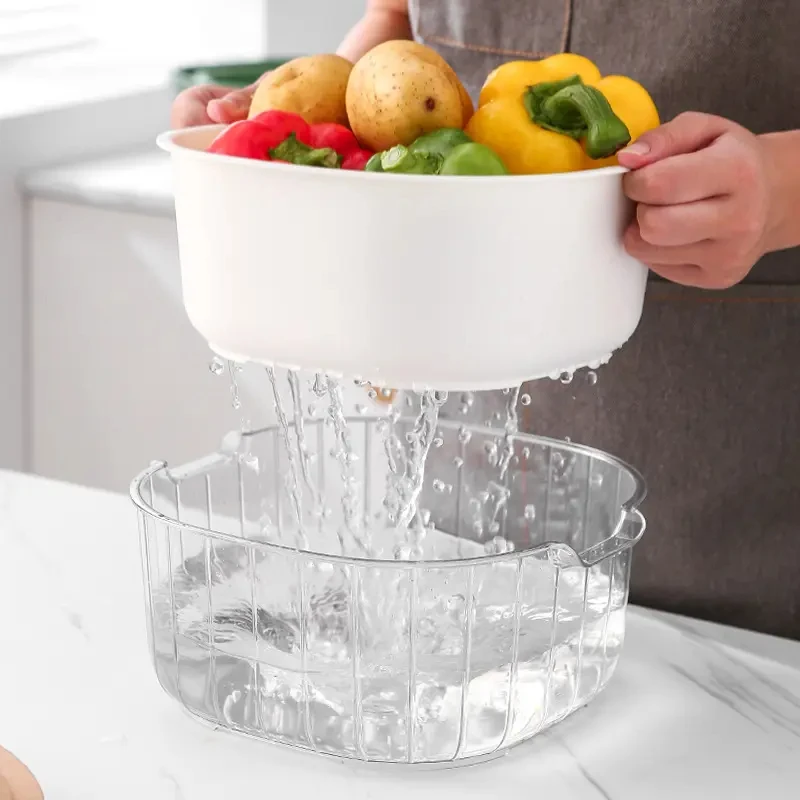 Kitchen Accessories Food Storage Container Box Plastic 2 in 1 Double-Layer drain fruit Basin washing basket