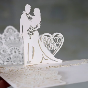 3D Handmade Pop Up Mr&Mrs Wedding Ring Design Invitation Card Ivory Laser Heart Couple Engagement Postcard Invitations