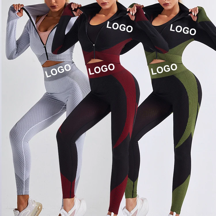 Seamless Yoga suit 3Pcs Seamless Yoga Set Women Gym Workout Clothes Long Sleeve Fitness Crop Top Jacket+Leggings+bra Sportswear