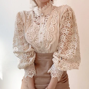 New arrivals spring casual fashion embroidery women lace blouse shirts stand collar long sleeve button up ladies' blouses tops