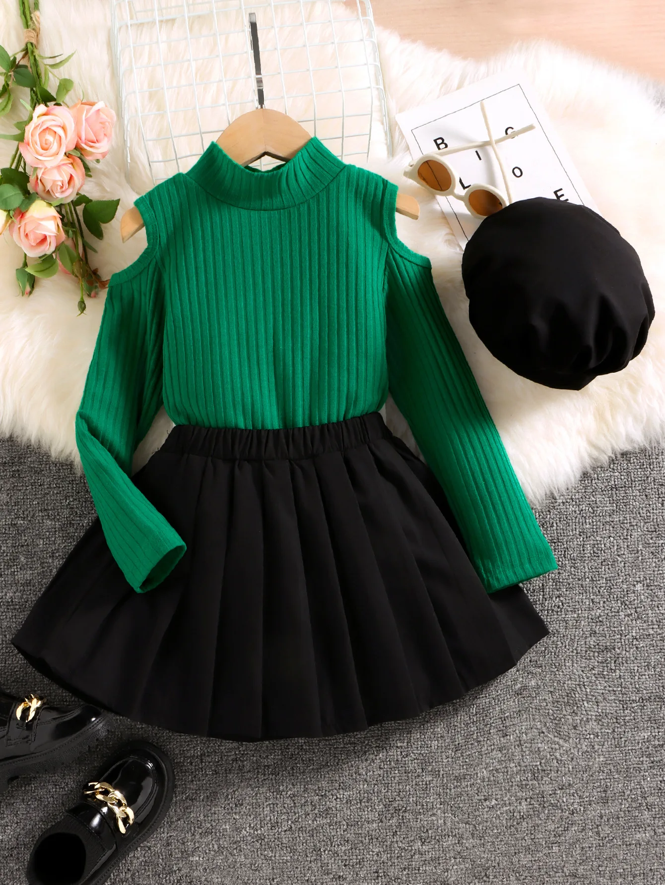 Korean style toddler girls clothing sets fashion off the shoulder long-sleeve shirts+skirt+hat 3pcs kids clothes fall outfits