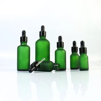 empty 5ml 10ml 30ml 50ml 100ml green frosted round shoulder glass eye dropper bottle with black lid for essential oil