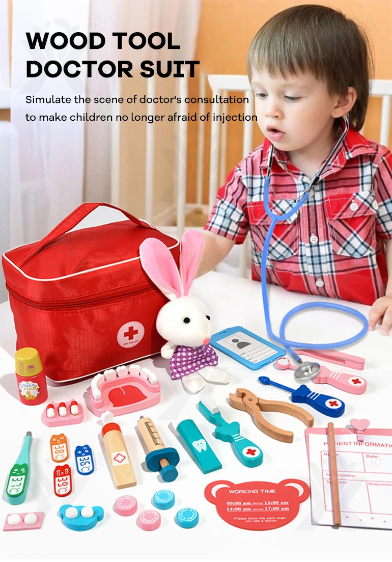 Chengji simulation medical toy kids doctor pretend play kit wooden medical kit toys educational wooden doctor play set toy