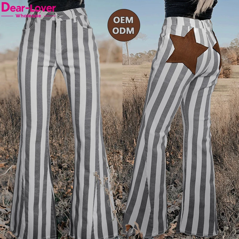 Dear-Lover Wholesale High Waist Skinny Multicolor Striped Flared Ripped Denim Bell Bottom Jeans